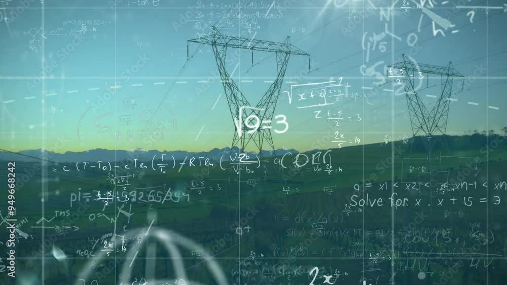 Poster mathematical equations and formulas animation over power lines in rural landscape
