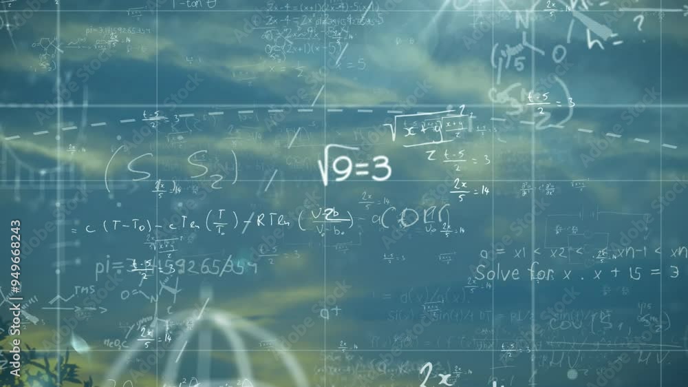 Aufkleber mathematical equations and formulas animation over cloudy sky background