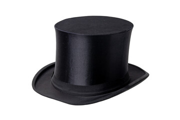 Chapeau claque. Antique black top hat. Old top hat. Folding cylinder. Cylinder hat isolated on a white background. Vintage men fashion. Clipping path.