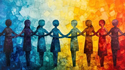 Naklejka premium Colorful silhouettes of people holding hands symbolize unity and diversity. vibrant background transitions from blue to orange, creating warm and inviting atmosphere.