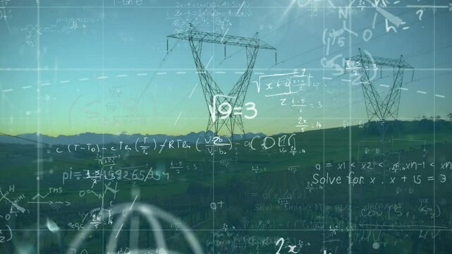 Mathematical equations and formulas animation over power lines in rural landscape