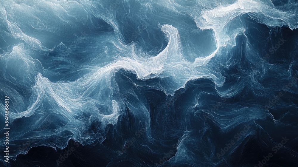 Poster smooth and shimmering digital waves in a stormy sea, with flowing swirls and a dynamic abstract back