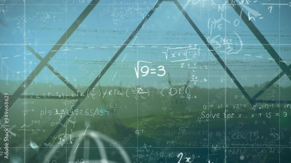 Poster mathematical equations and formulas animation over landscape with power lines