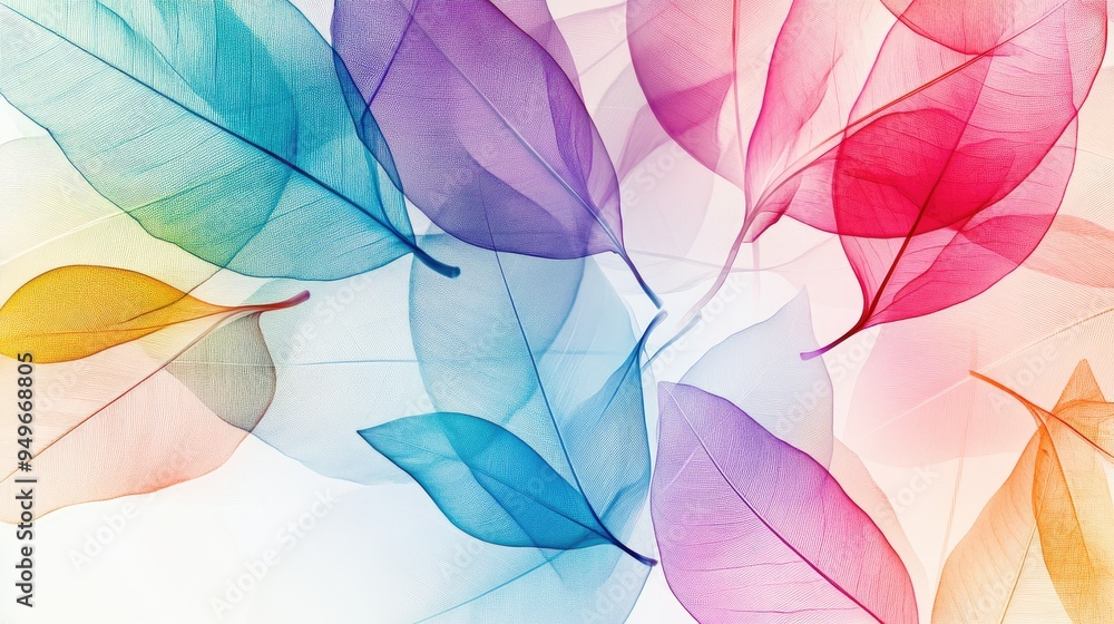 Poster transparent leaves in colorful overlapping patterns, set against a dynamic white-light grey backgrou