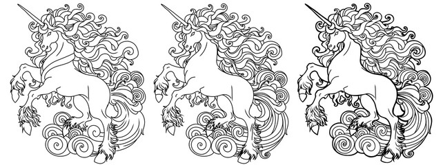 Set Line Art Unicorn Clipart design children products coloring book page realistic flat illustration fairy-tale horse drawing thick contour thin outline animal isolated on white antistress for adults