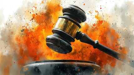 A gavel striking down with fiery colors in background symbolizes justice and authority.