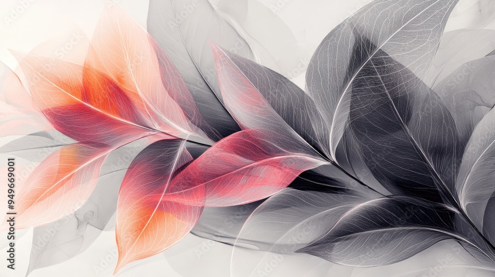 Poster vibrant transparent leaves in an abstract overlapping design, set against a dynamic white-light grey