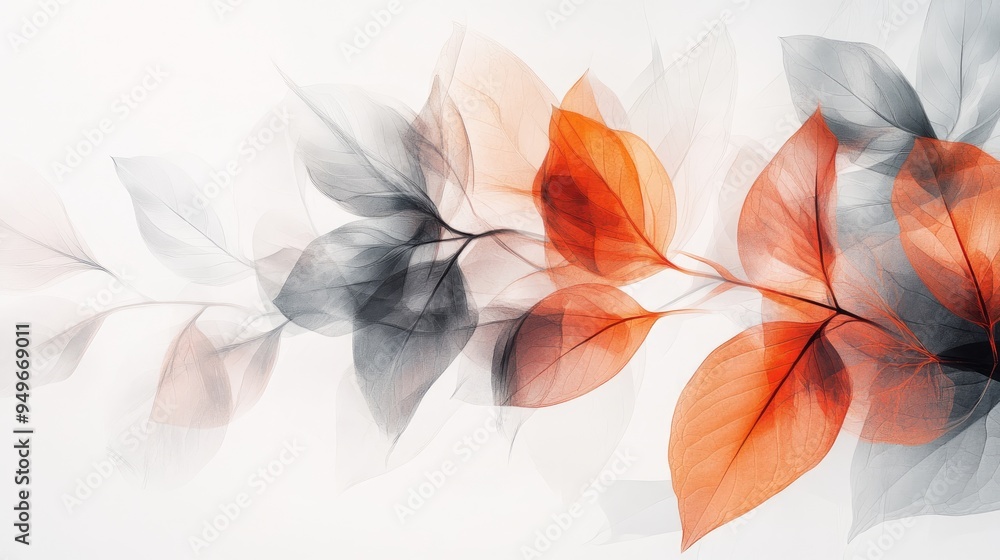 Poster vibrant transparent leaves in an abstract overlapping design, set against a dynamic white-light grey