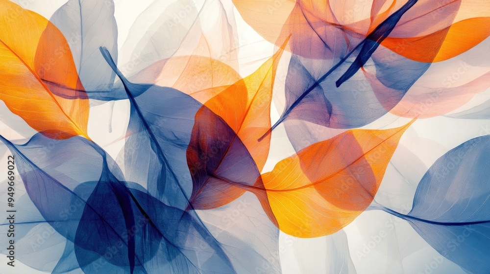 Poster vibrant transparent leaves, overlapping in a dynamic abstract pattern, set against a white-light gre