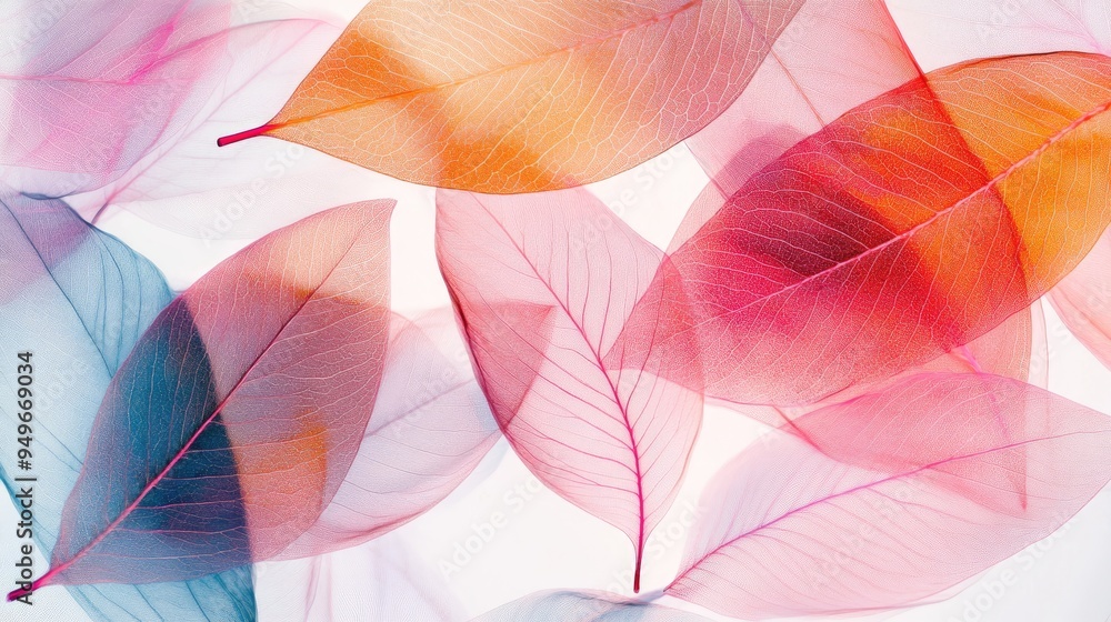 Poster vibrant transparent leaves, overlapping in a dynamic abstract pattern, set against a white-light gre