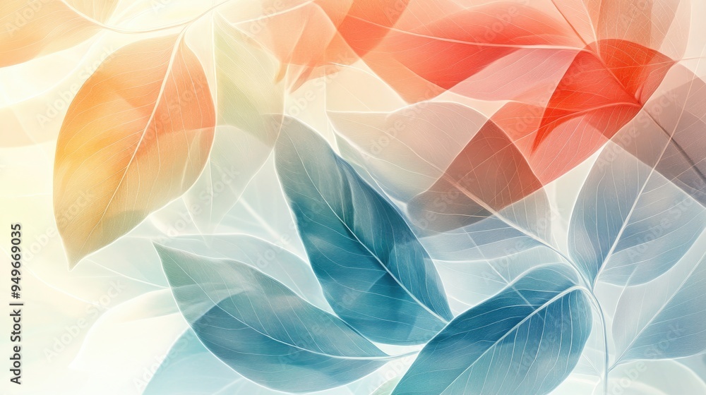 Poster vibrant transparent leaves in an abstract overlapping design, set against a dynamic white-light grey