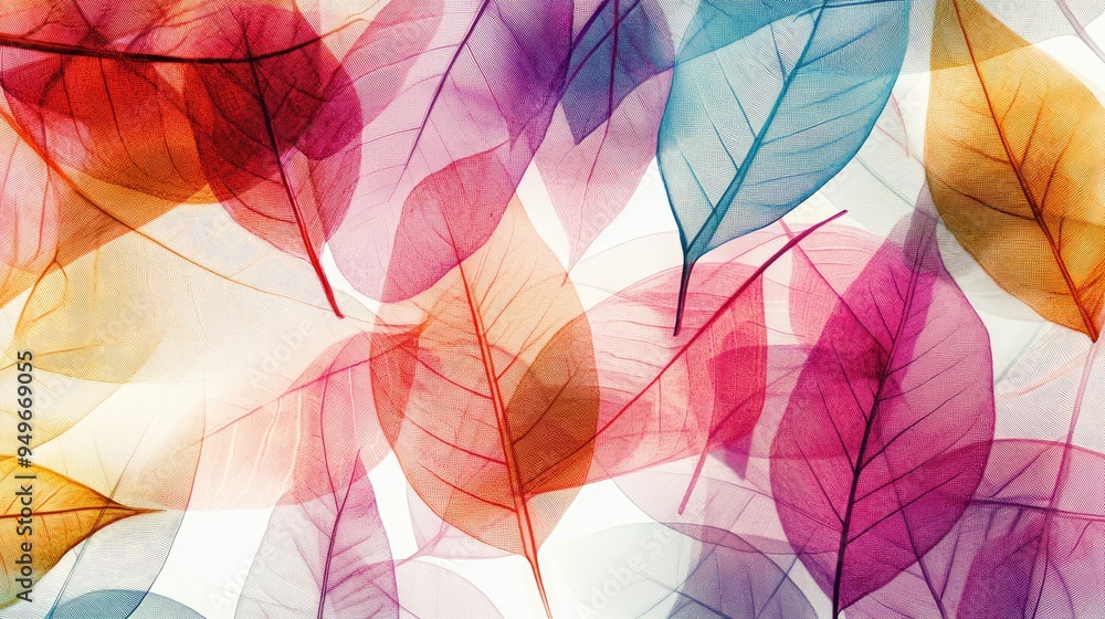 Poster vibrant transparent leaves, overlapping in a dynamic abstract pattern, set against a white-light gre