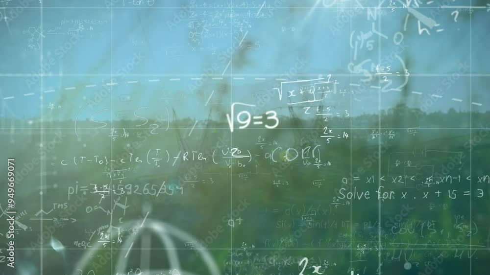 Poster mathematical equations and formulas animation over nature background