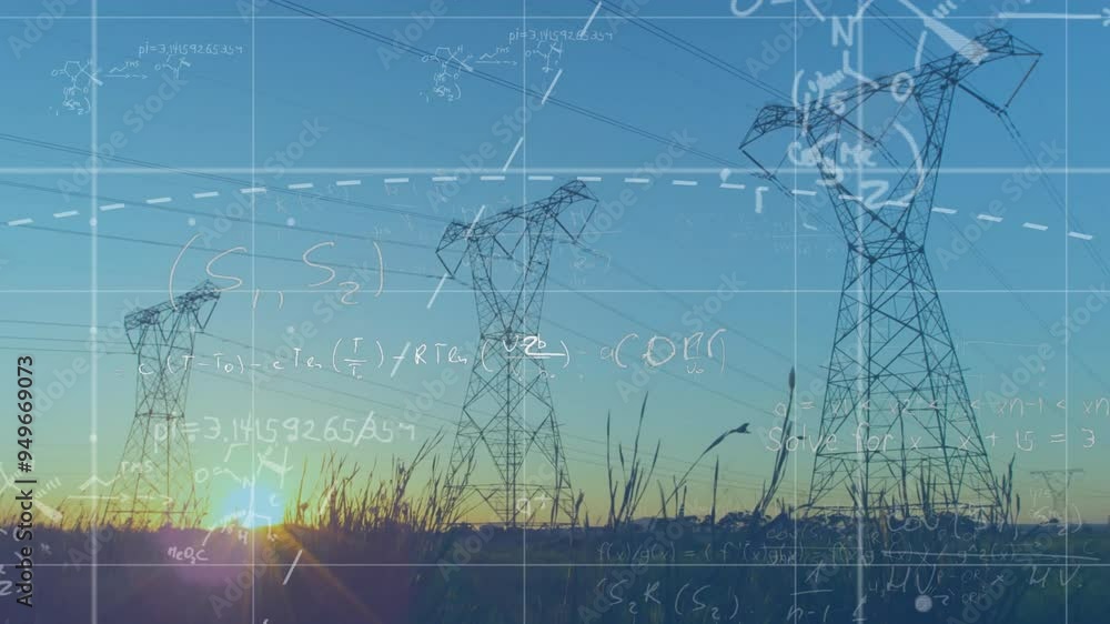 Poster mathematical equations and formulas animation over power lines at sunset