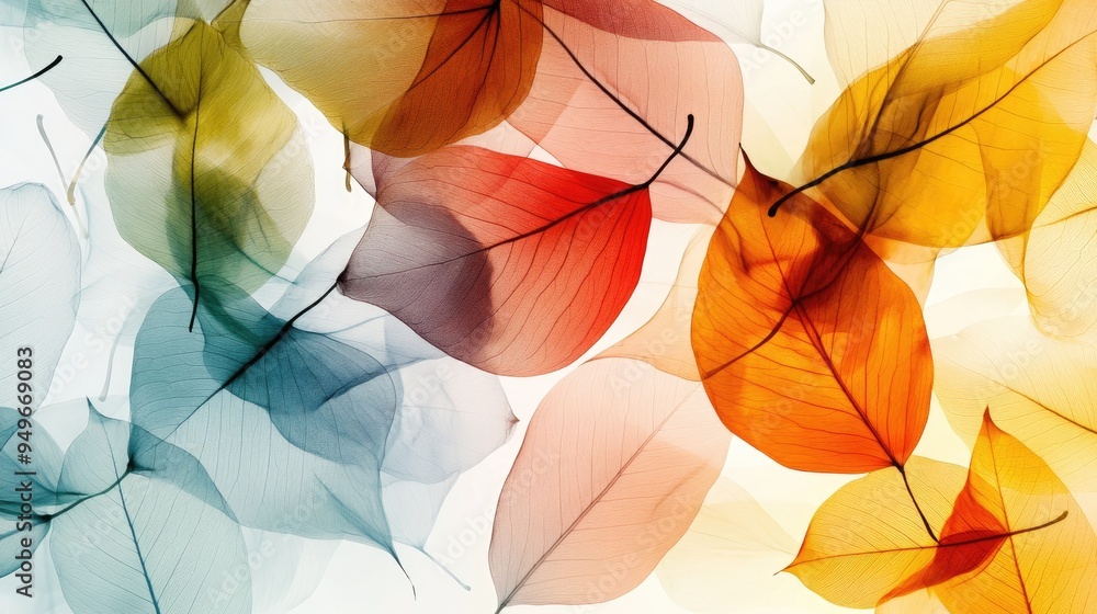 Poster vibrant transparent leaves, overlapping in a dynamic abstract pattern, set against a white-light gre