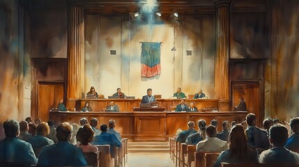 A courtroom scene depicting judge, lawyers, and an audience engaged in legal proceeding. atmosphere is serious and focused, highlighting importance of justice.