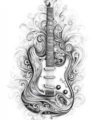 A stylized illustration of a guitar surrounded by intricate swirling patterns.