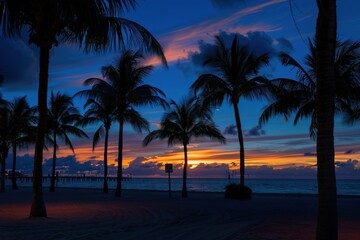 Obraz premium Beach Sunset Palm Trees. South Beach Miami Destination with American Vibes