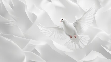Fototapeta premium White dove flying gracefully against an abstract dynamic white-light grey background, symbolizing peace and freedom
