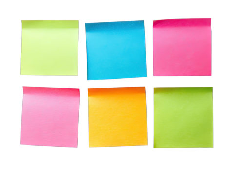 A row of six sticky notes in various bright colors arranged on a white surface. The notes are evenly spaced, and all face the viewer