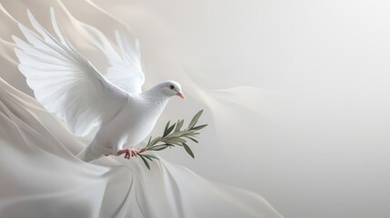 White dove in flight, holding an olive branch in its beak, set against an abstract dynamic white-light grey background, symbolizing peace and serenity