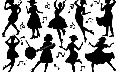 Dynamic silhouettes of women dancing with musical notes and a banjo.