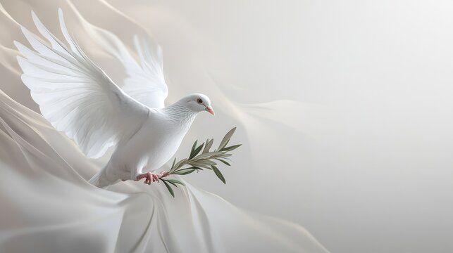 White dove in flight, holding an olive branch in its beak, set against an abstract dynamic white-light grey background, symbolizing peace and serenity