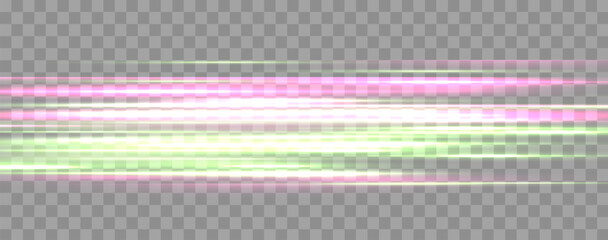 Speed rays, velocity light neon flow, zoom in motion effect, pink and green glow speed lines, colorful light trails, stripes. Abstract background, vector illustration.