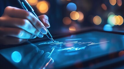 A close-up of a digital insurance contract being signed electronically on a tablet. copy space for text.