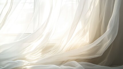 Obraz premium A white, sheer curtain blowing gently in the breeze, creating a soft, translucent barrier that filters light and views.