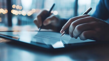 A close-up of a digital insurance contract being signed electronically on a tablet. copy space for text.