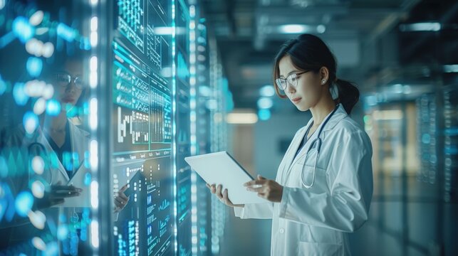 Female Doctor Using Tablet in Data Center