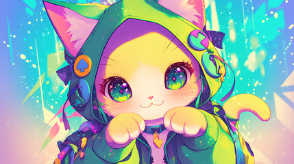 Naklejka premium cute caracter cat wearing anime onesie dog costume
