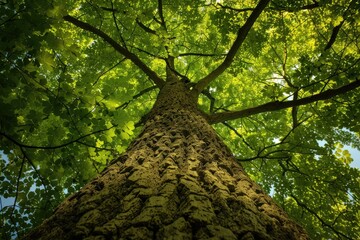 Fototapeta premium Below the Majestic Oak Tree: Upward View of Lush Green Forest Canopy Against Sky