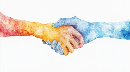 A vibrant watercolor illustration of two hands shaking, one in warm colors and other in cool tones, symbolizing unity and collaboration.