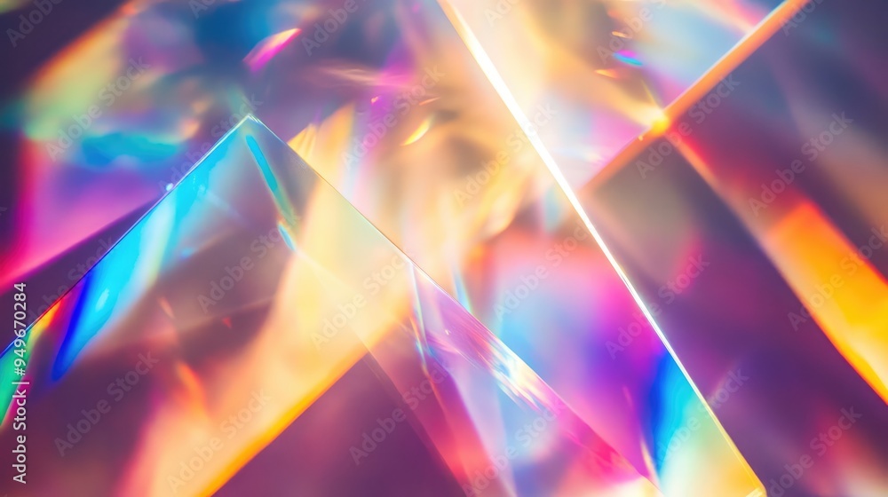 Poster abstract close-up of a light prism with subtle distortions, producing delicate, colorful patterns an