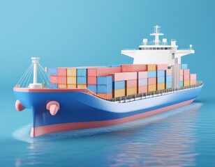 3D cargo ship sails across a blue sea with a colorful cargo container load, 3D render illustration