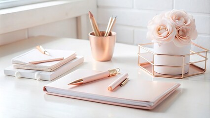 elegant blush pink luxurious workspace with sleek rose gold pen and neatly organized stationery in minimalist white space with subtle natural light