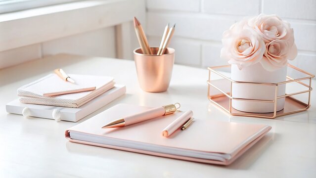 elegant blush pink luxurious workspace with sleek rose gold pen and neatly organized stationery in minimalist white space with subtle natural light