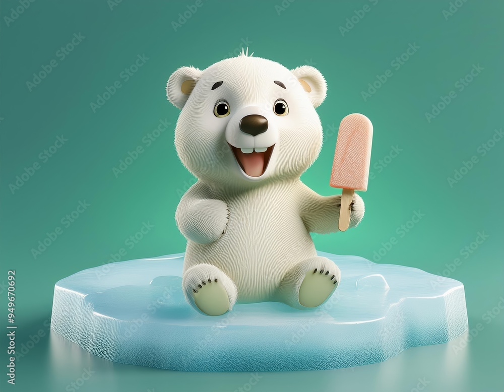 Wall mural 3d happy polar bear sits on a melting ice floe with a popsicle, 3d render illustration