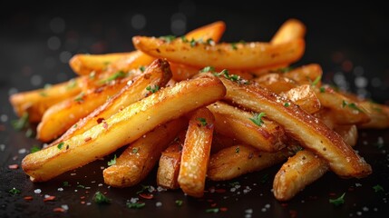 Golden French fries garnished with herbs, on a dark surface, showcasing their crispy texture.