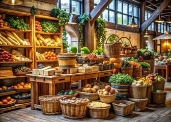 Fototapeta premium Rustic wooden crates and woven baskets surrounding artisanal foods in a cozy gourmet market with warm earthy tones and soft natural light.