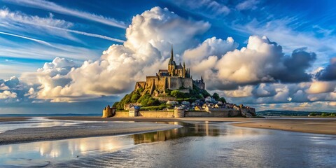 Breathtaking panoramic view of Mont Saint-Michel's majestic silhouette during low tide dramatic cloud formations against brilliant blue sky