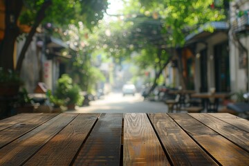 Wooden Tabletop with Blurred Background of a Sunny Street Scene