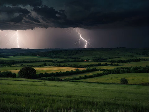 A rural landscape with rolling hills and farmlands, lit up by a sudden flash of lightning as dark storm clouds gather on the horizon.