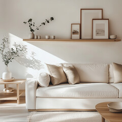 kitchenware counters, walls, and shelves with a modern Japandi minimal style, emphasizing a clean and light serene aesthetic: