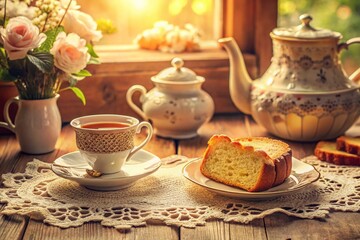Warm cozy afternoon scene vintage china tea set delicate lace tablecloth soft natural light crumbly loaf cake mix inviting atmosphere