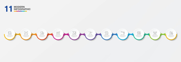 Infographic process design with icons and 11 options or steps.