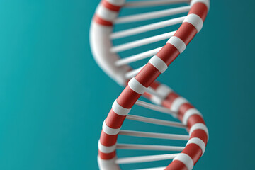Stylized DNA Helix, a vibrant representation of the double helix structure showcasing red and white strands against a teal background, symbolizing genetic science and research.