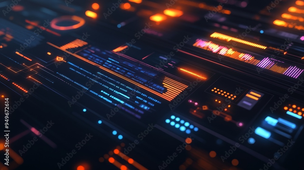 Poster abstract digital interface with glowing lights and lines, representing data, technology, and innovat